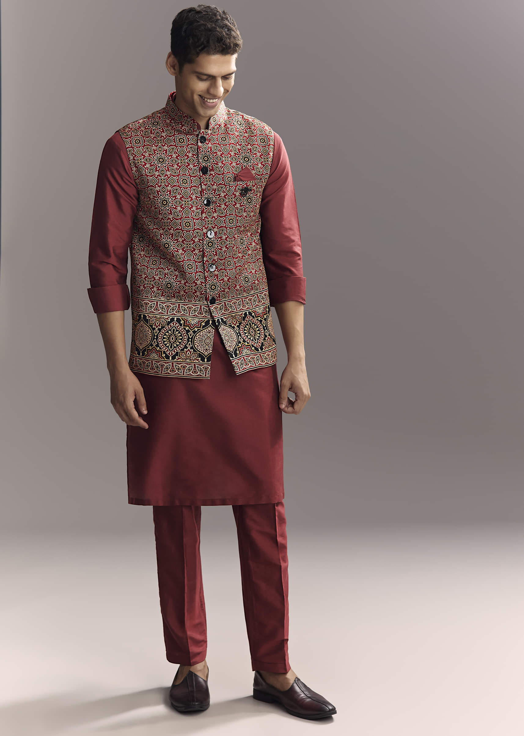 17140-red-silk-kurta-jacket-set-for-men-with-hand-block-ajrakh-print-1.jpg Red Silk Kurta Jacket Set For Men With Hand Block Ajrakh Print