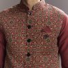 Red Silk Kurta Jacket Set For Men With Hand Block Ajrakh Print