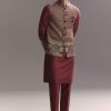 Red Silk Kurta Jacket Set For Men With Hand Block Ajrakh Print