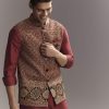 Red Silk Kurta Jacket Set For Men With Hand Block Ajrakh Print