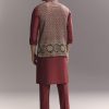 Red Silk Kurta Jacket Set For Men With Hand Block Ajrakh Print