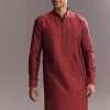 Red Silk Kurta Jacket Set For Men With Hand Block Ajrakh Print