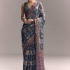 Blue Linen Saree With Hand Block Ajrakh Print And Lavender Border