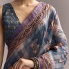 Blue Linen Saree With Hand Block Ajrakh Print And Lavender Border