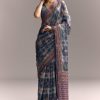Blue Linen Saree With Hand Block Ajrakh Print And Lavender Border