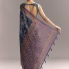 Blue Linen Saree With Hand Block Ajrakh Print And Lavender Border