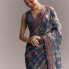 Blue Linen Saree With Hand Block Ajrakh Print And Lavender Border