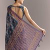 Blue Linen Saree With Hand Block Ajrakh Print And Lavender Border