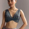 Blue Linen Saree With Hand Block Ajrakh Print And Lavender Border