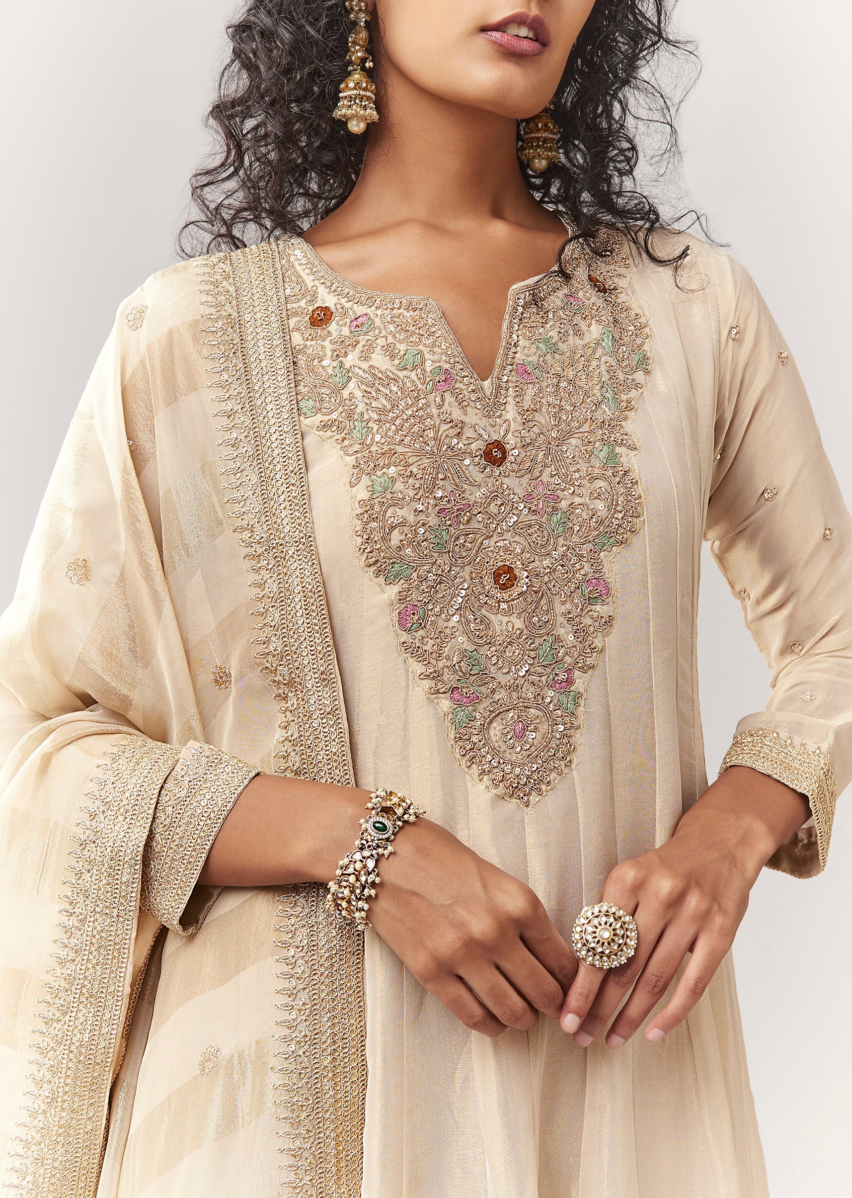 Gold Tissue Zardosi Work Floor Length Anarkali With Dupatta