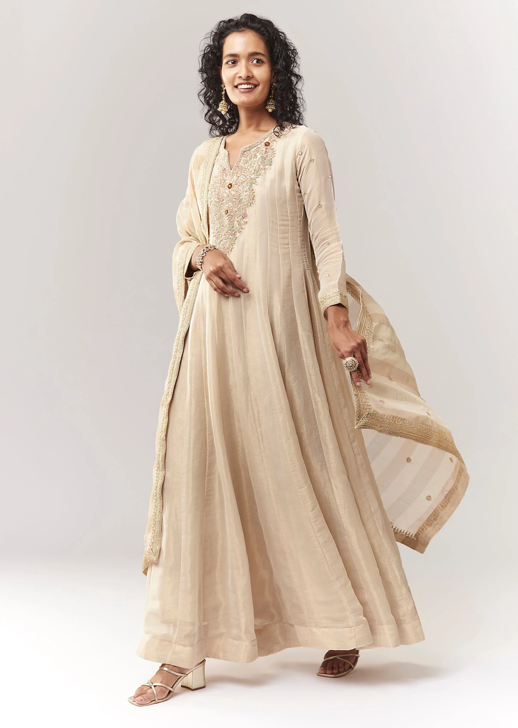 Gold Tissue Zardosi Work Floor Length Anarkali With Dupatta