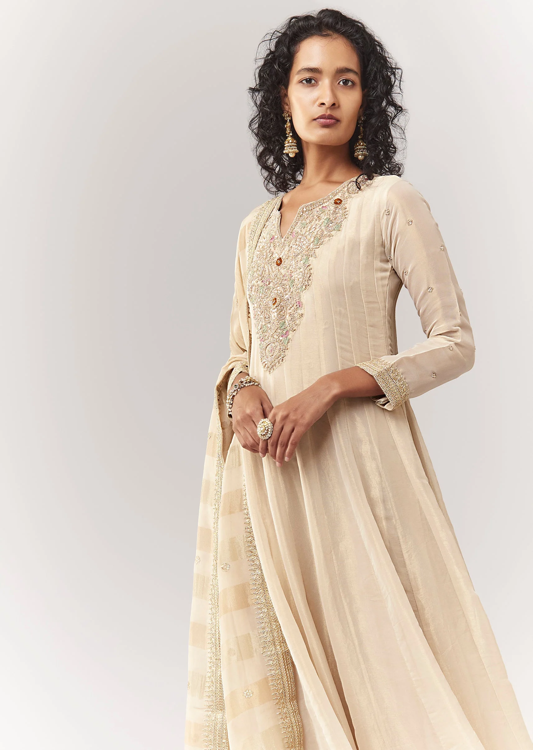Gold Tissue Zardosi Work Floor Length Anarkali With Dupatta