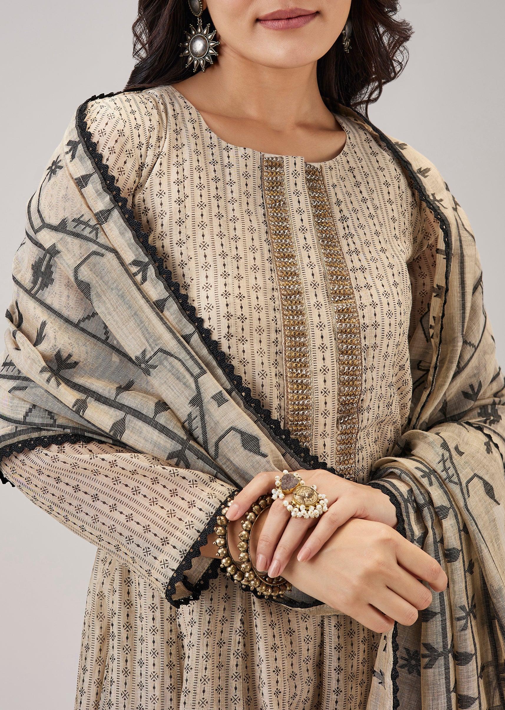 Beige Printed Chanderi Handwork Anarkali