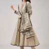 Beige Printed Chanderi Handwork Anarkali