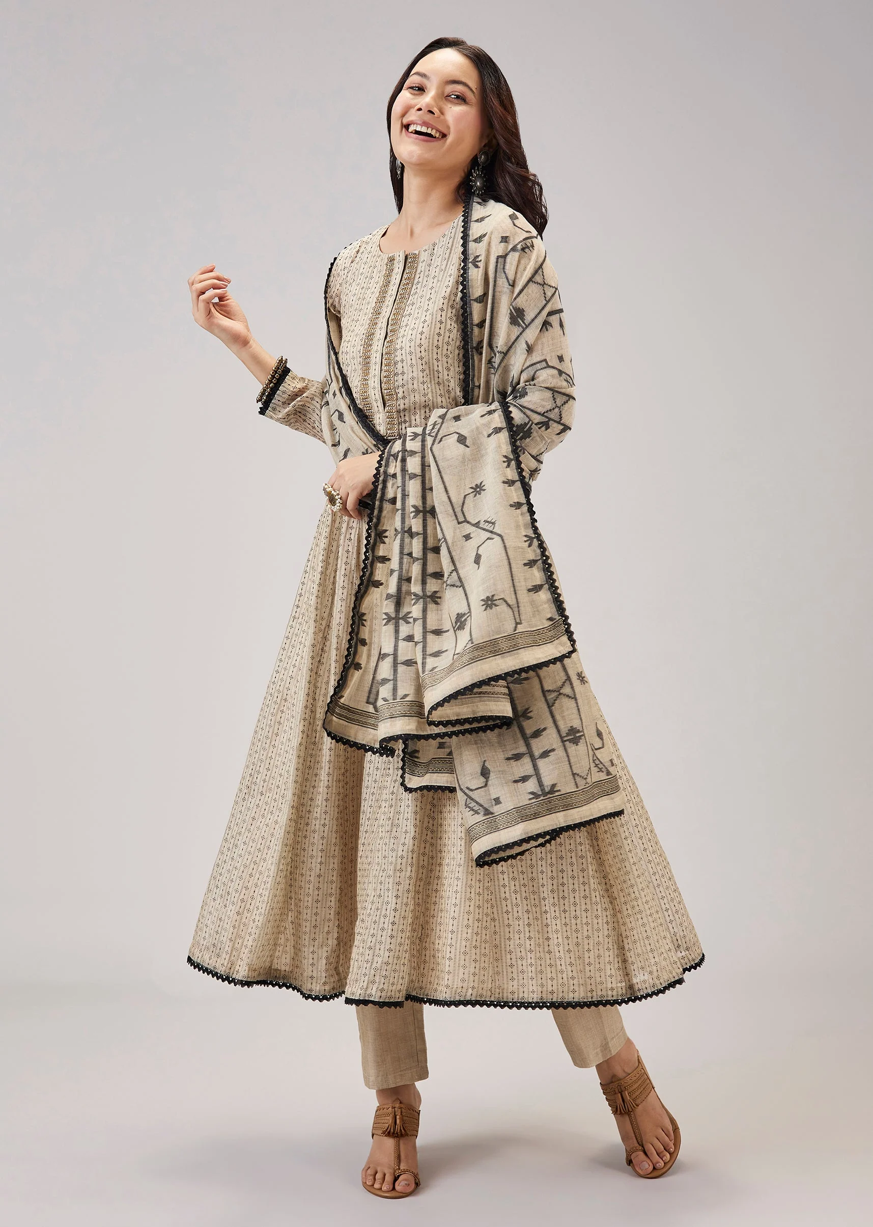 Beige Printed Chanderi Handwork Anarkali
