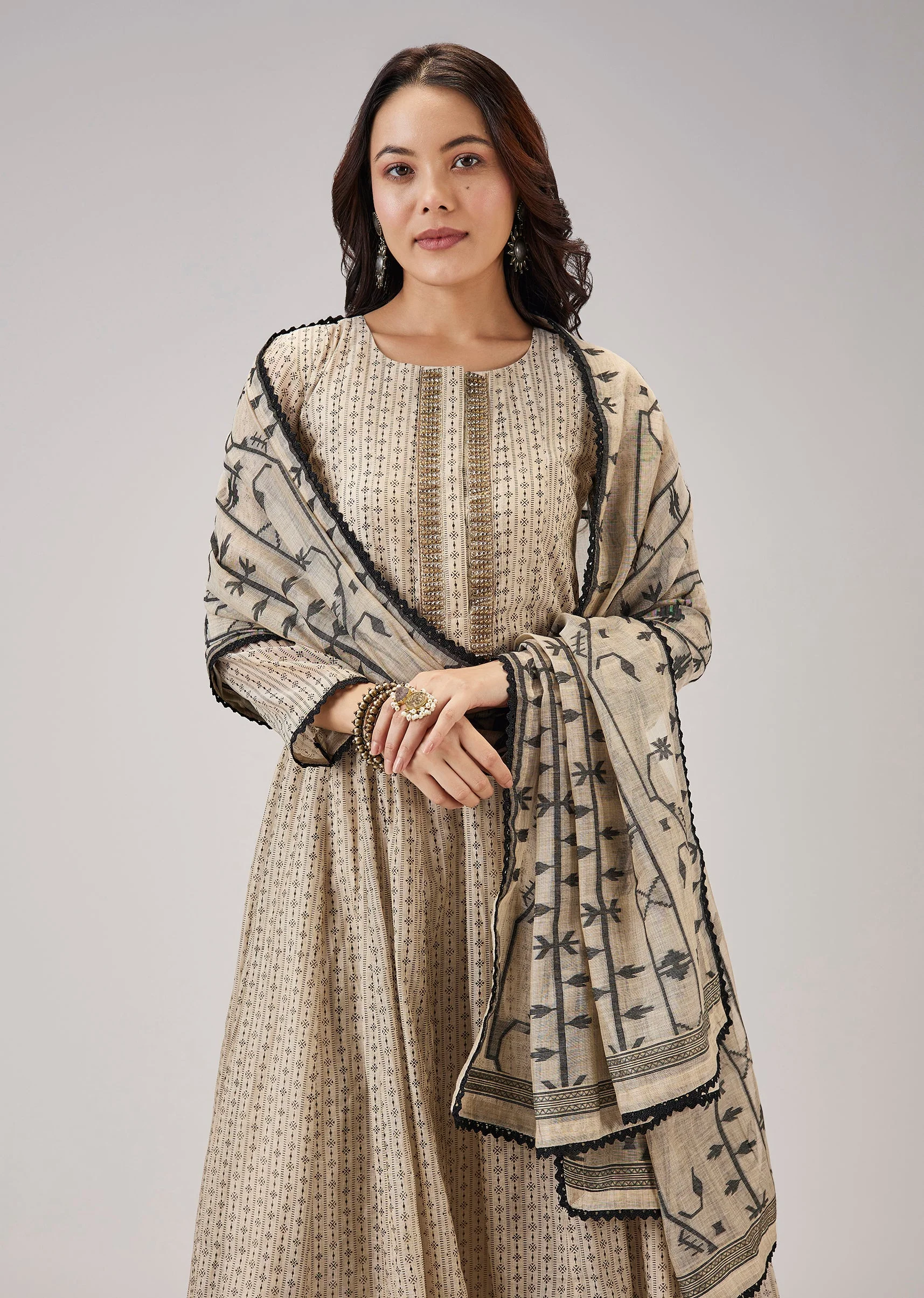Beige Printed Chanderi Handwork Anarkali