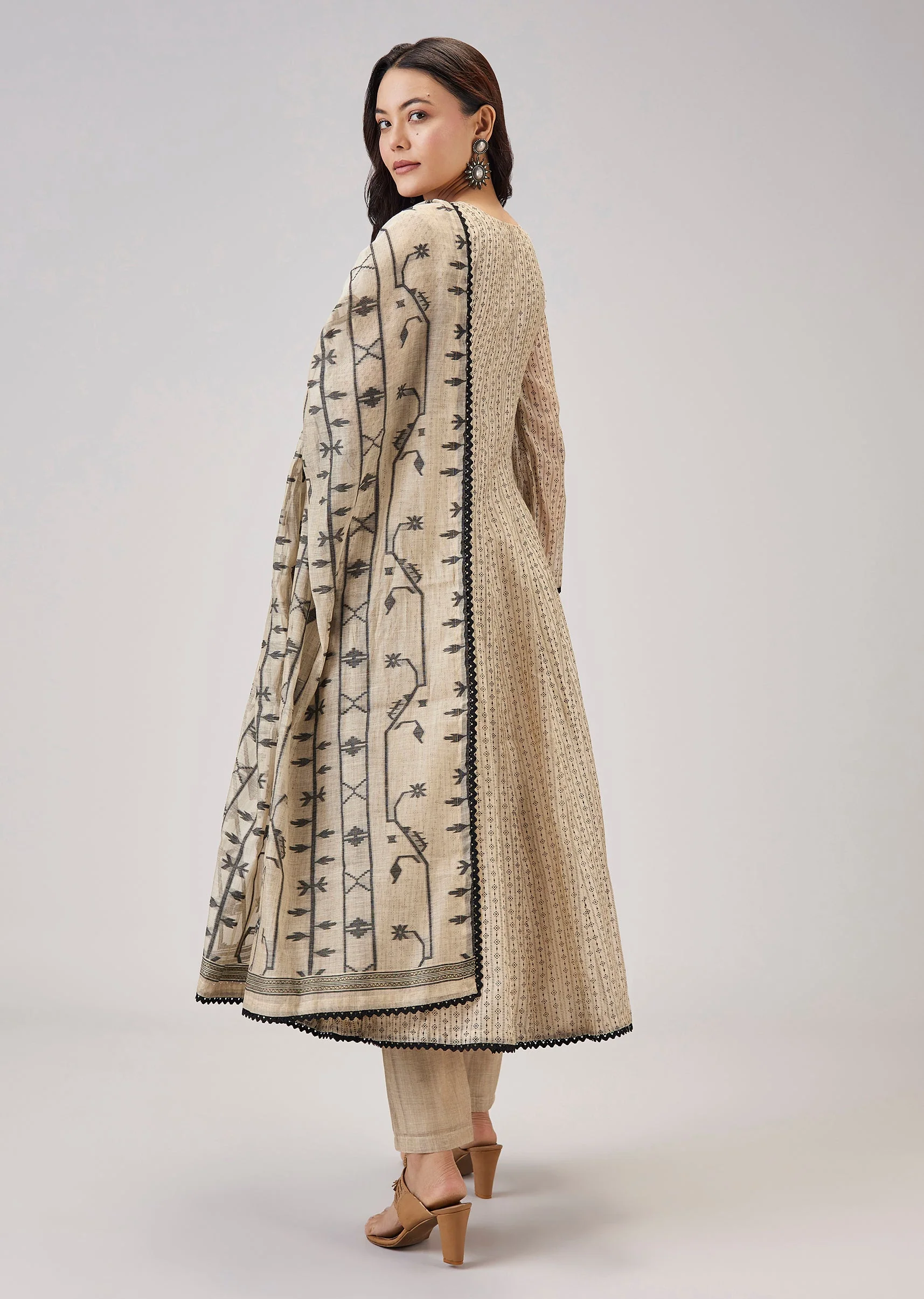 Beige Printed Chanderi Handwork Anarkali