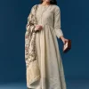 Beige Chanderi Anarkali Set With Mirror And Sequins Work
