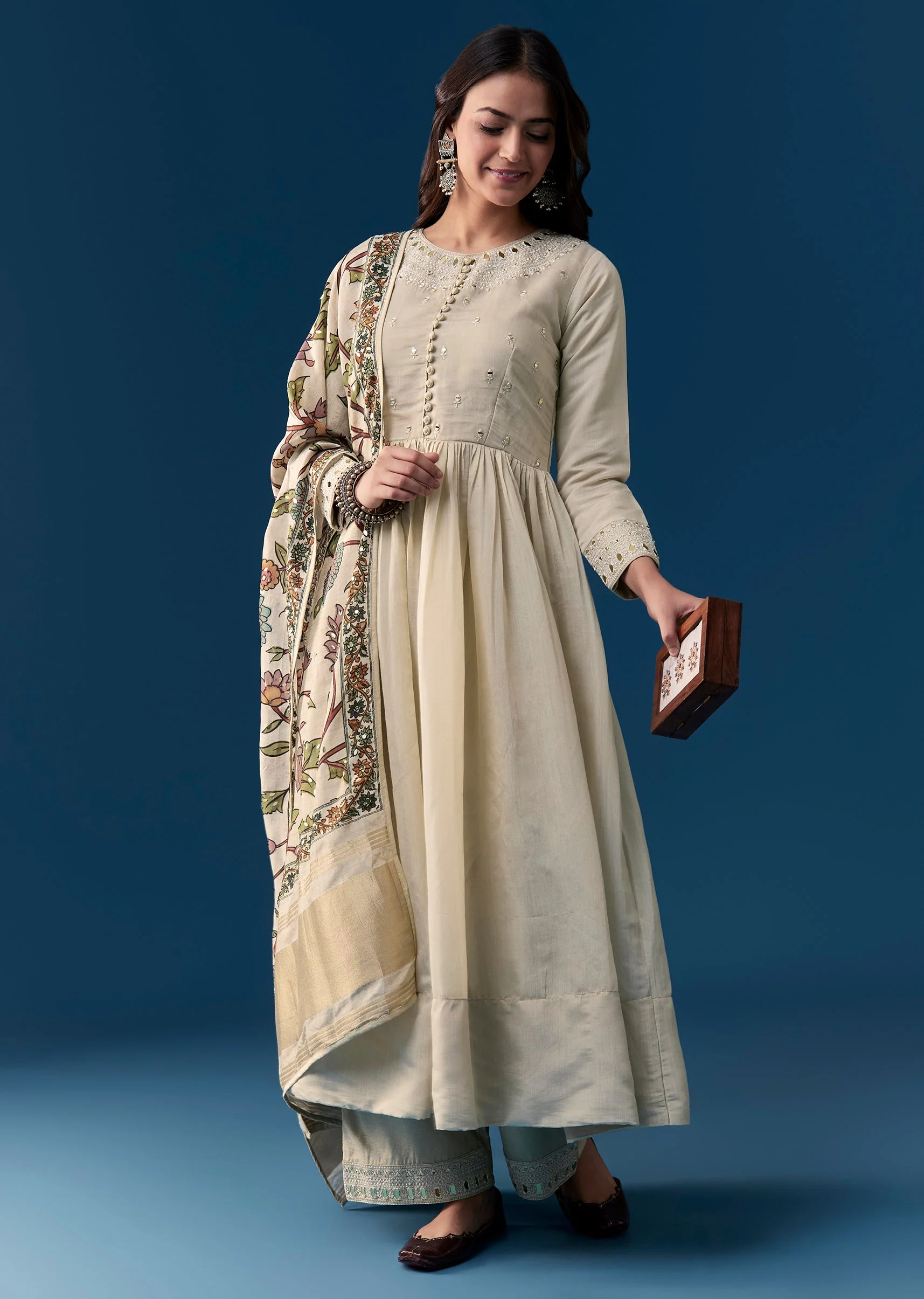 Beige Chanderi Anarkali Set With Mirror And Sequins Work