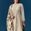 Beige Chanderi Anarkali Set With Mirror And Sequins Work