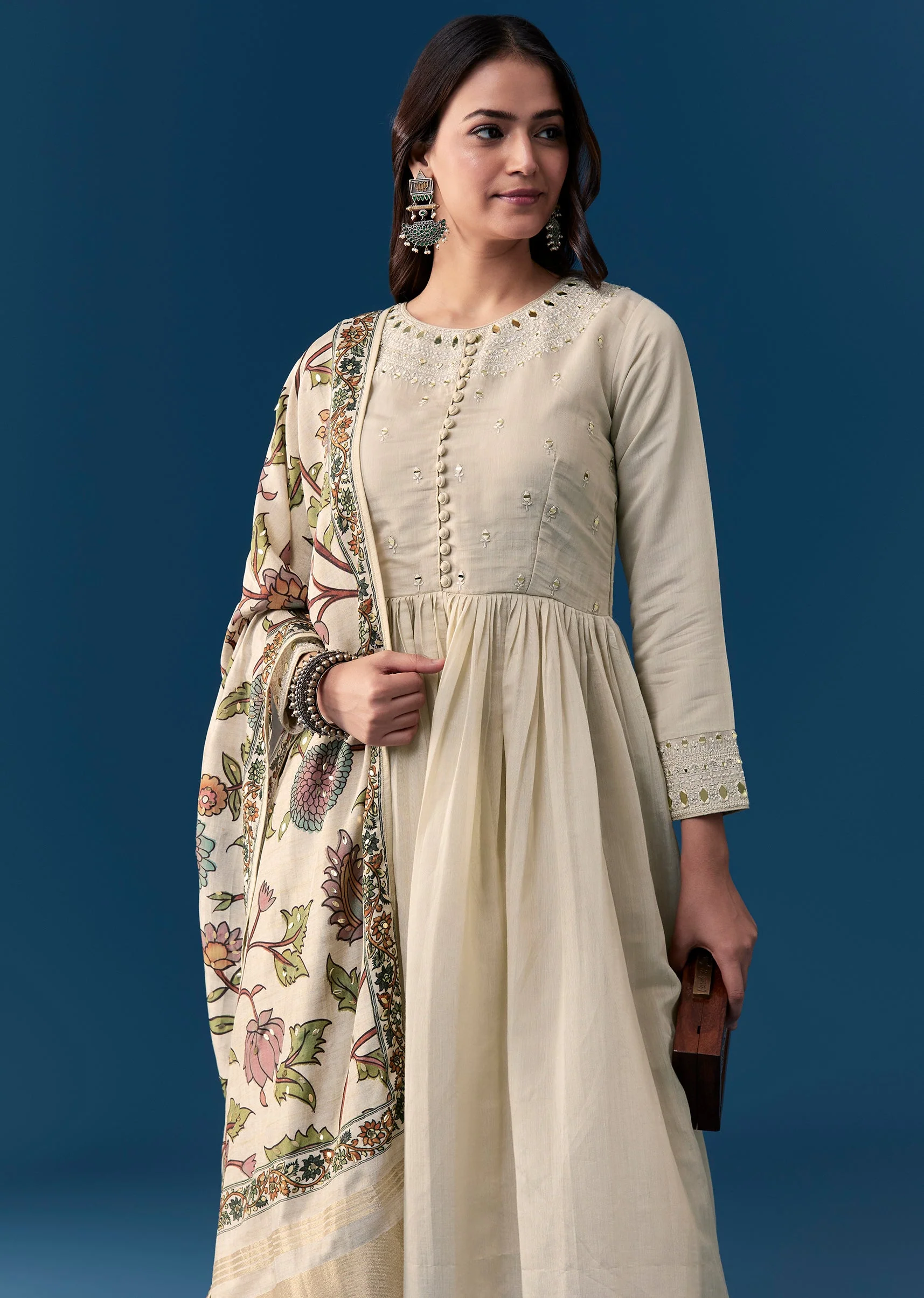Beige Chanderi Anarkali Set With Mirror And Sequins Work