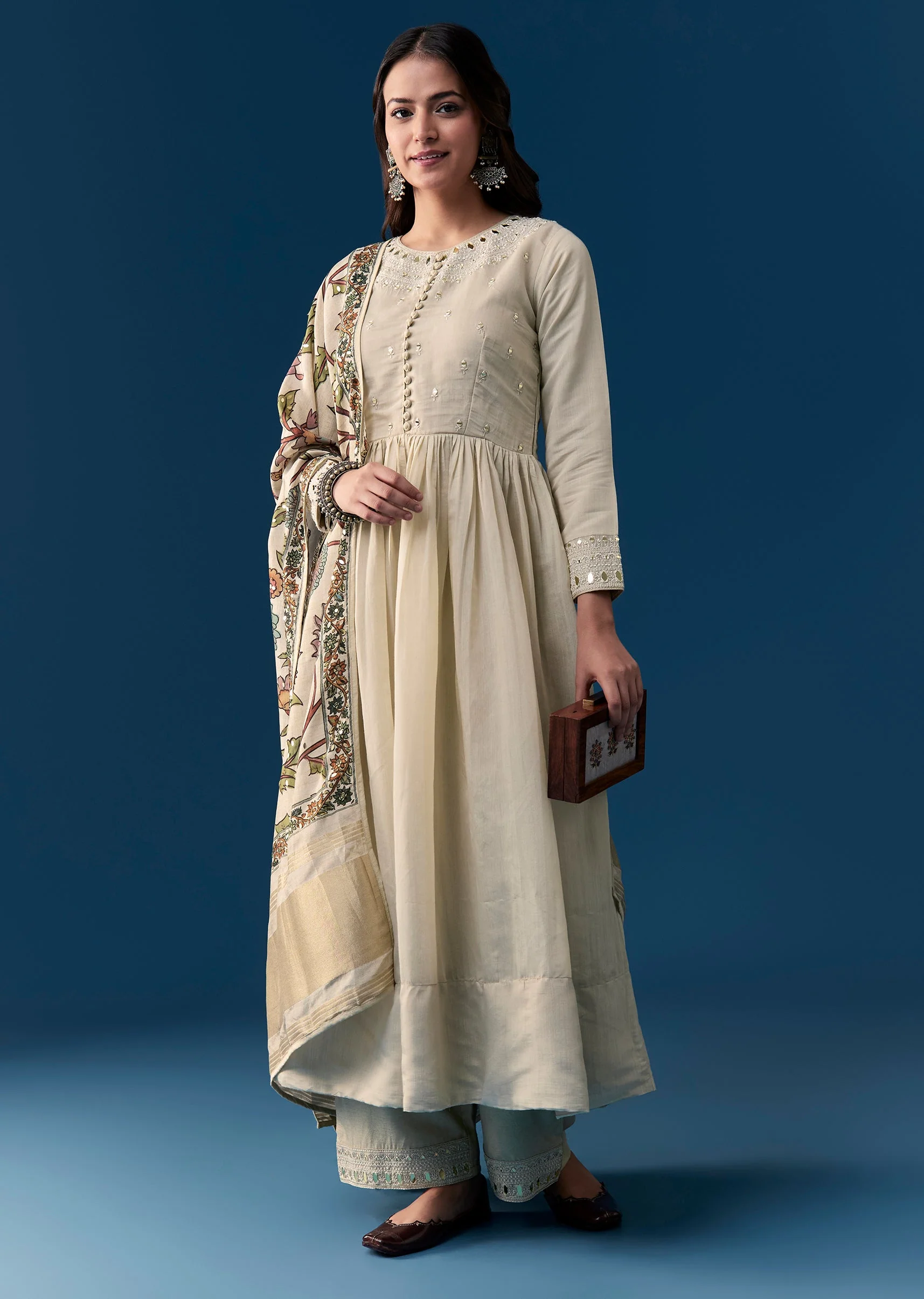 17174-xs-xs-variation-1.webp Beige Chanderi Anarkali Set With Mirror And Sequins Work