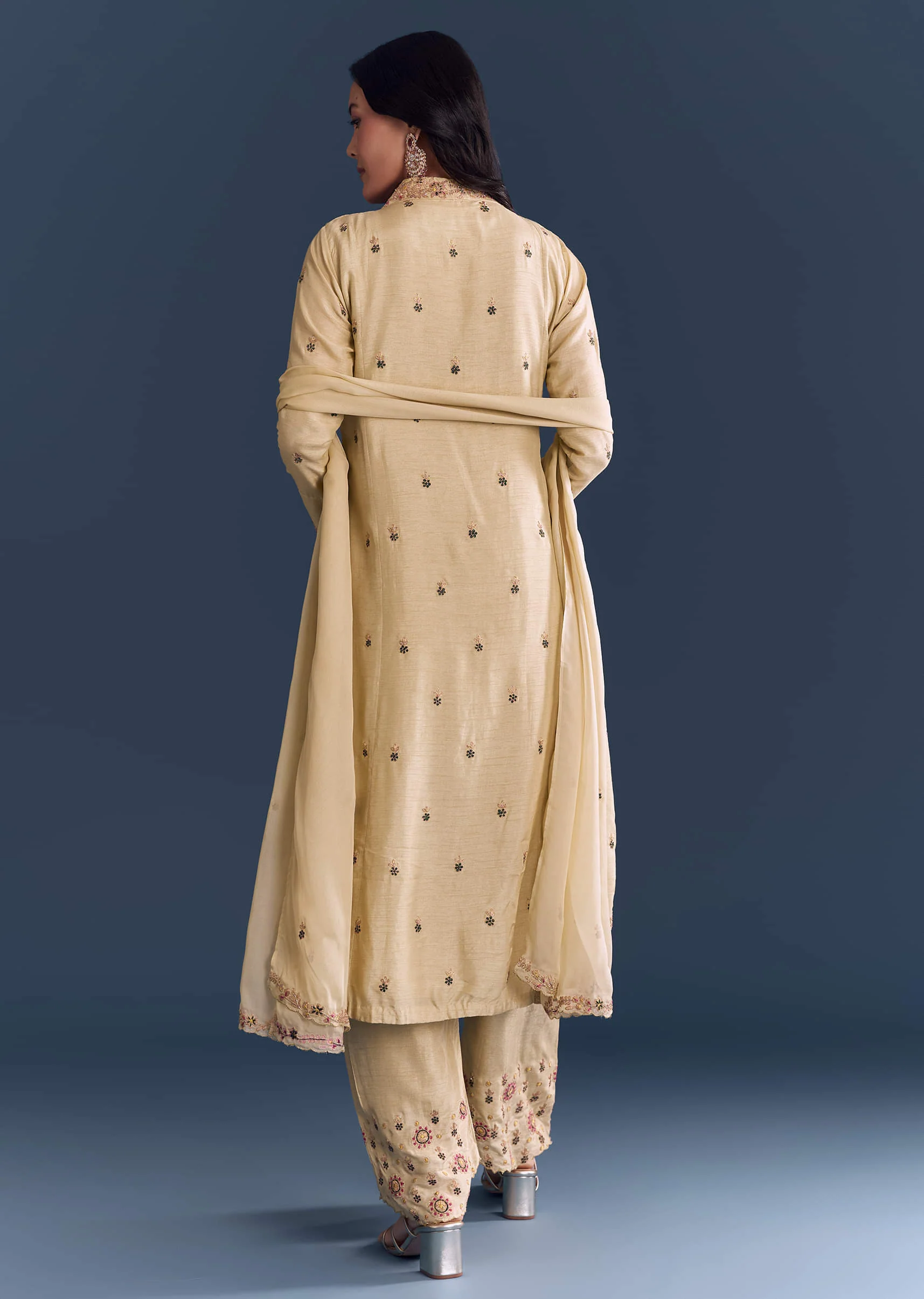 Beige Silk Anarkali Suit With Zari Embroidery