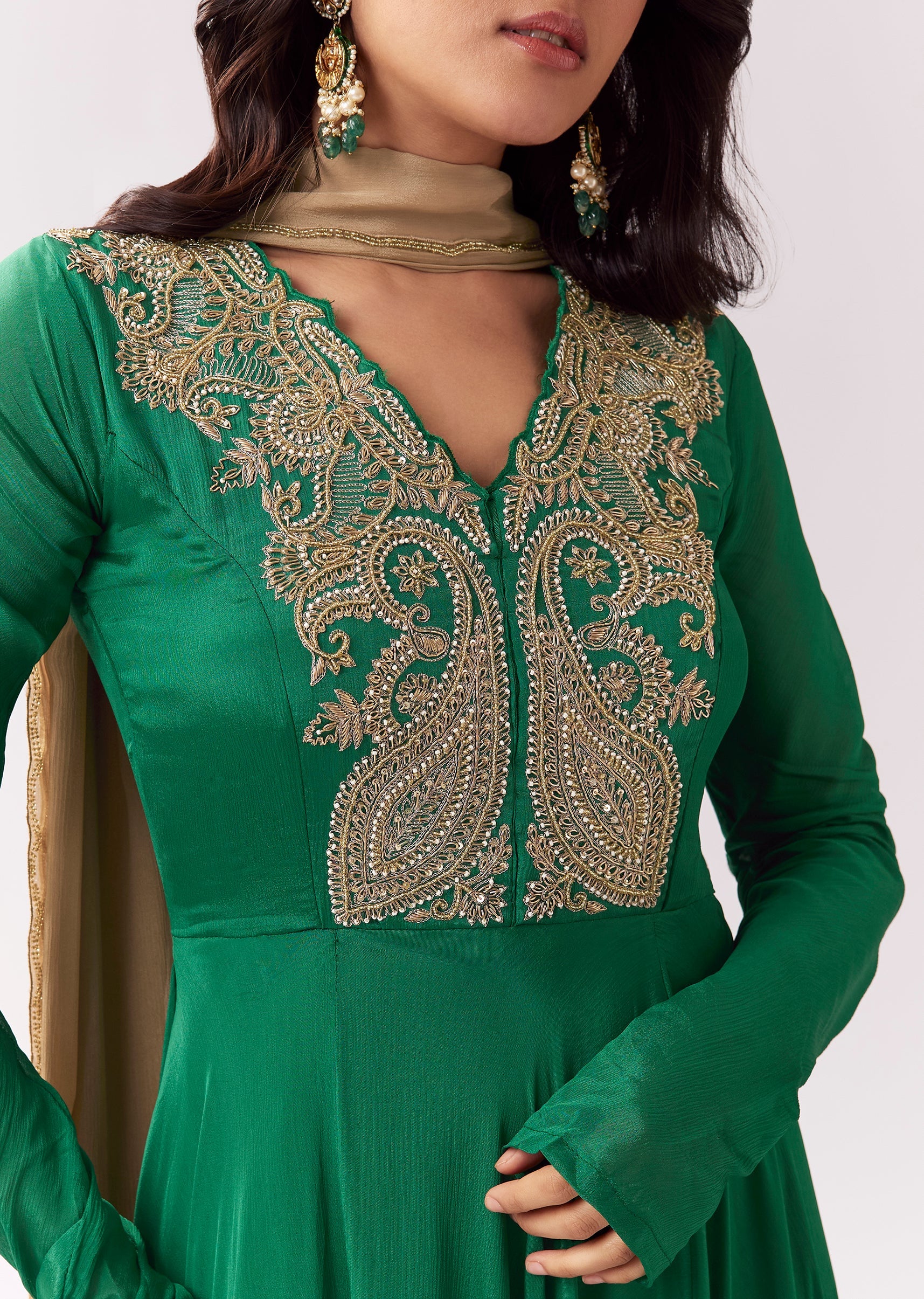 Green Beige Zardozi Anarkali With V Neck