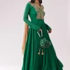 Green Beige Zardozi Anarkali With V Neck