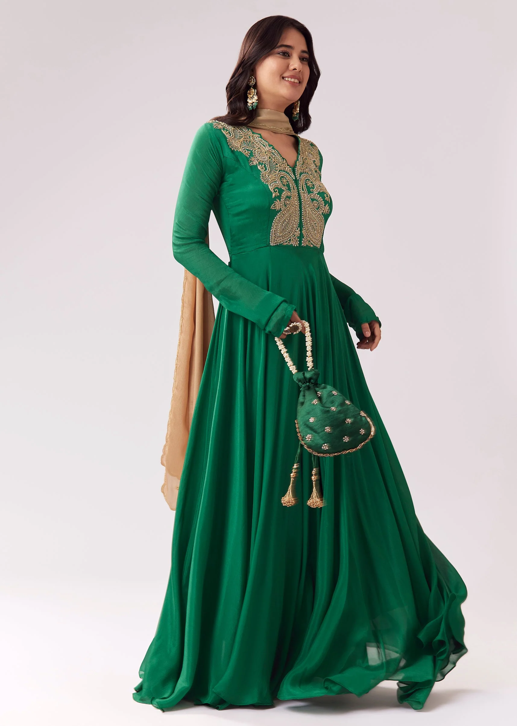 Green Beige Zardozi Anarkali With V Neck