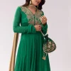 Green Beige Zardozi Anarkali With V Neck