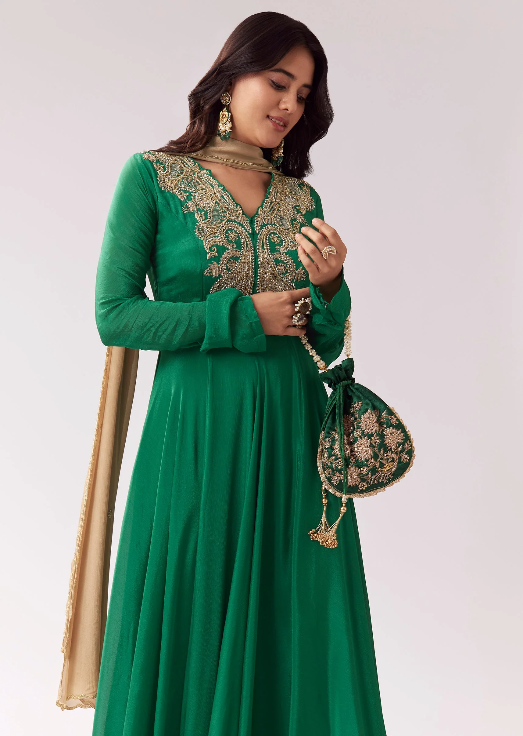 Green Beige Zardozi Anarkali With V Neck