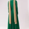 Green Beige Zardozi Anarkali With V Neck