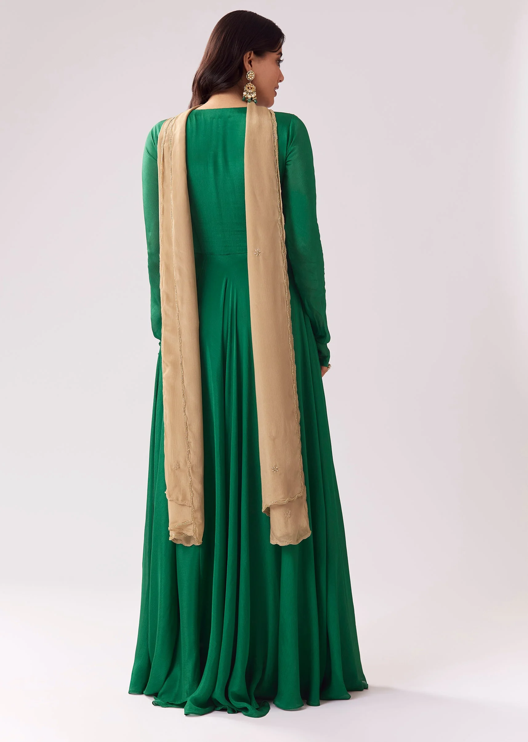 Green Beige Zardozi Anarkali With V Neck