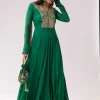 Green Beige Zardozi Anarkali With V Neck