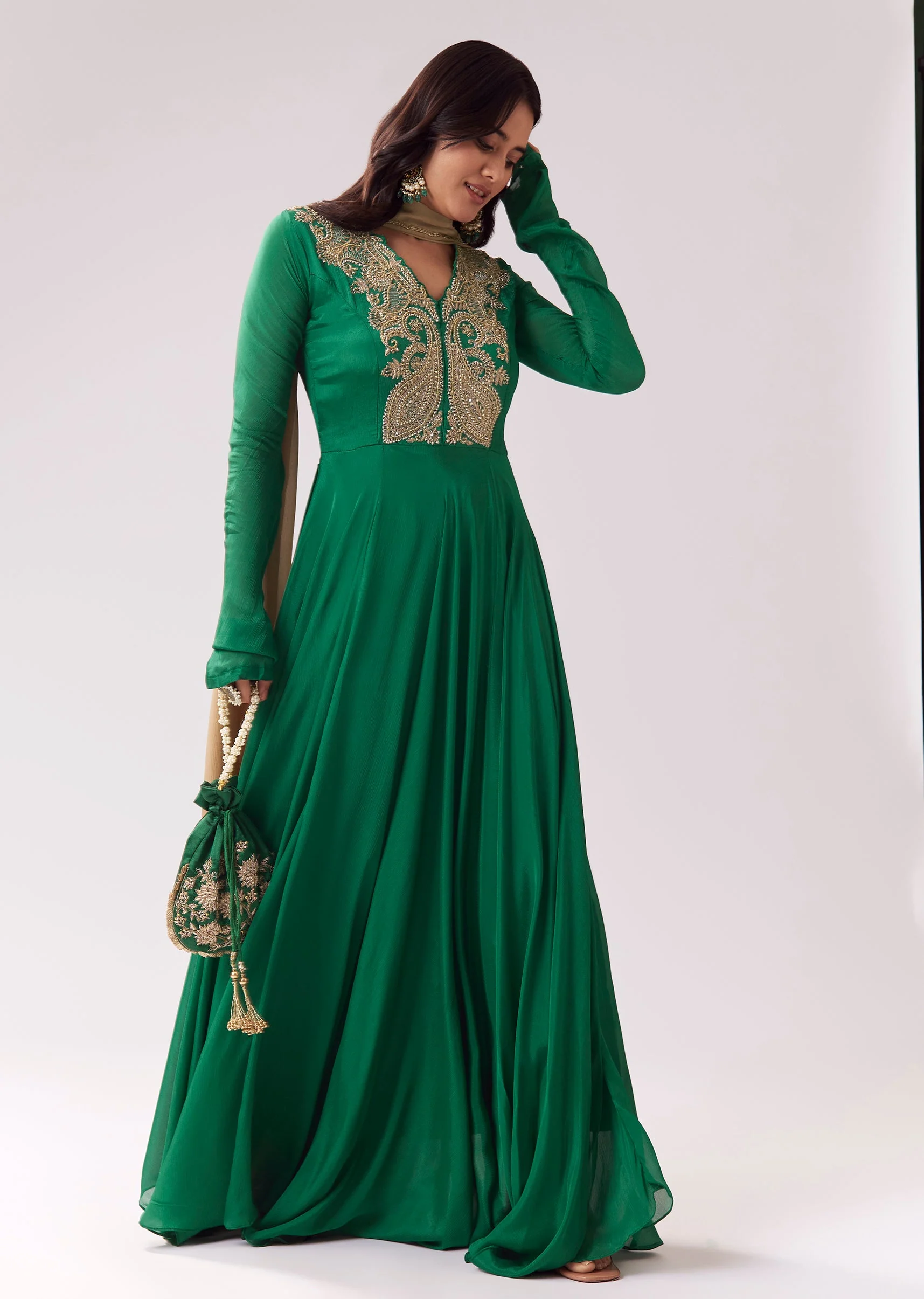 17189-xs-xs-variation-1.webp Green Beige Zardozi Anarkali With V Neck