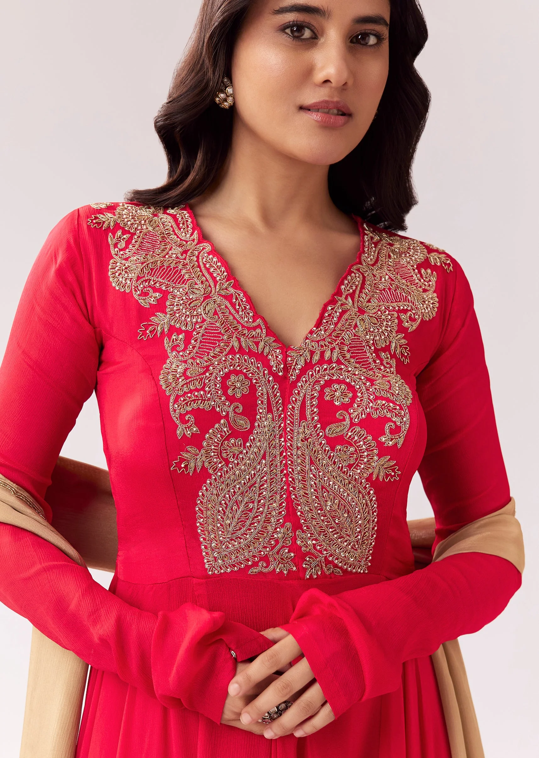 Red Beige Zardozi Anarkali