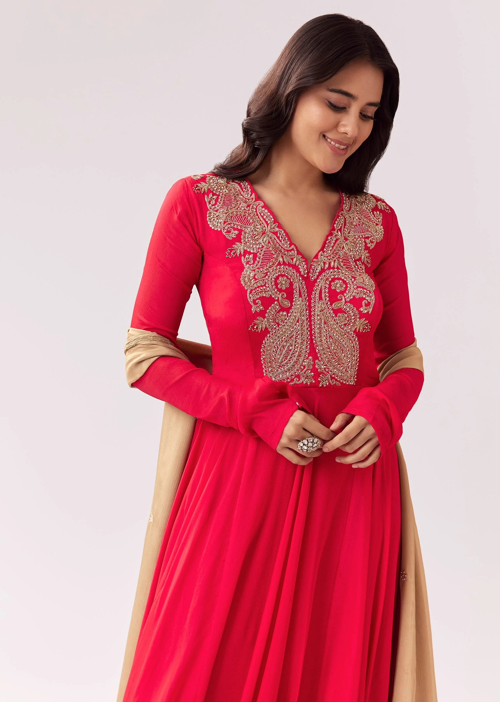 Red Beige Zardozi Anarkali