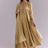 Gold Muslin Anarkali Suit With Mirror And Moti Embroidery