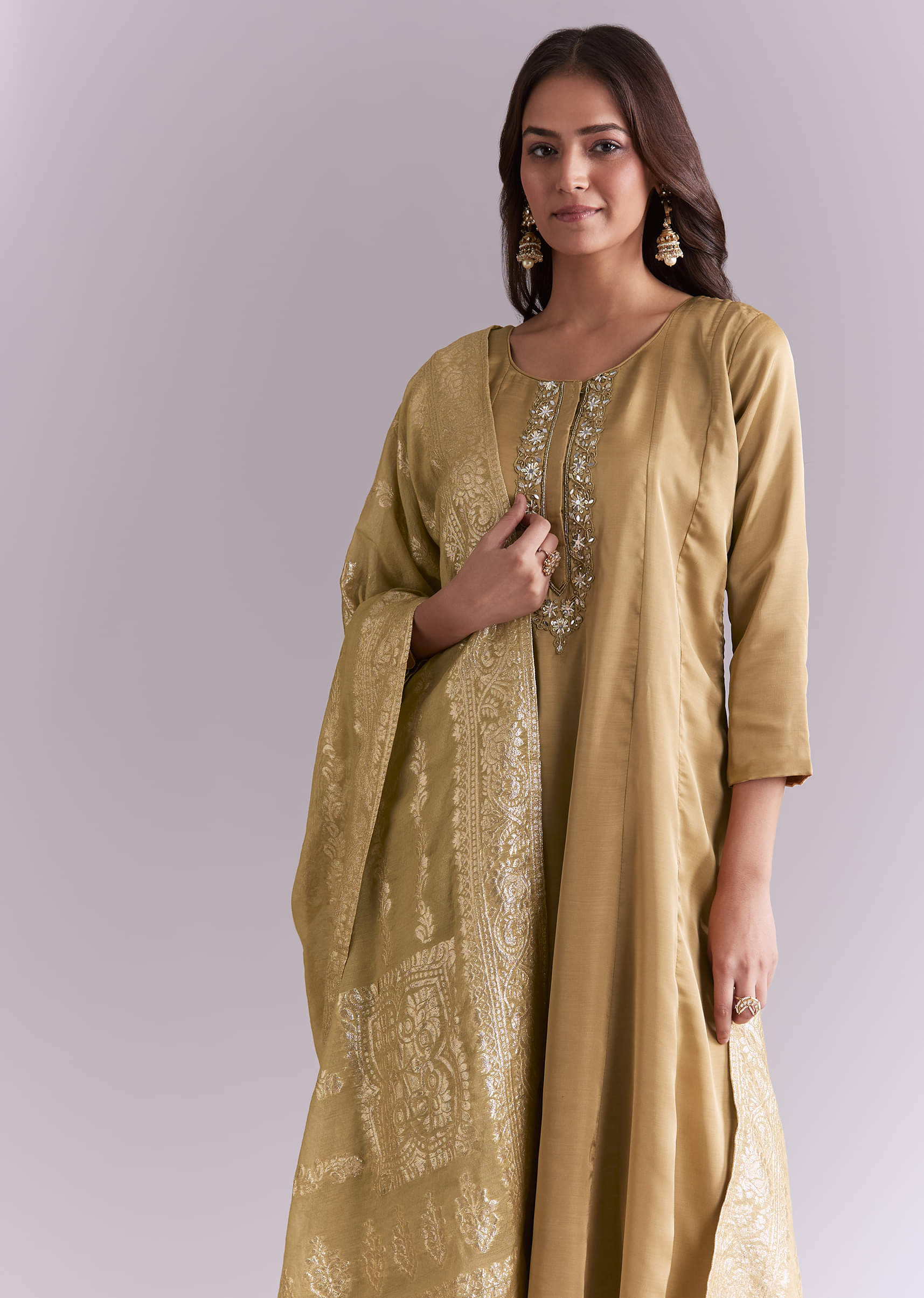 Gold Muslin Anarkali Suit With Mirror And Moti Embroidery