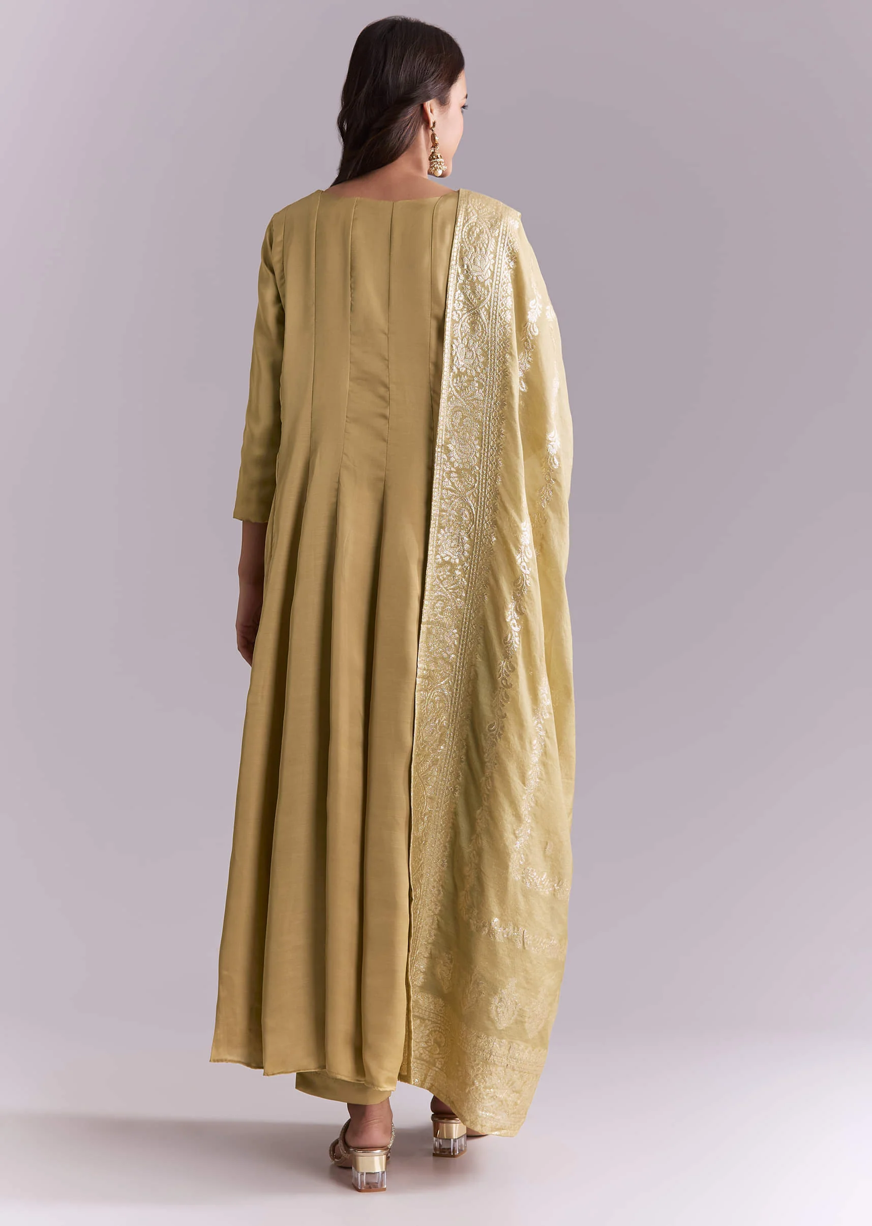 Gold Muslin Anarkali Suit With Mirror And Moti Embroidery