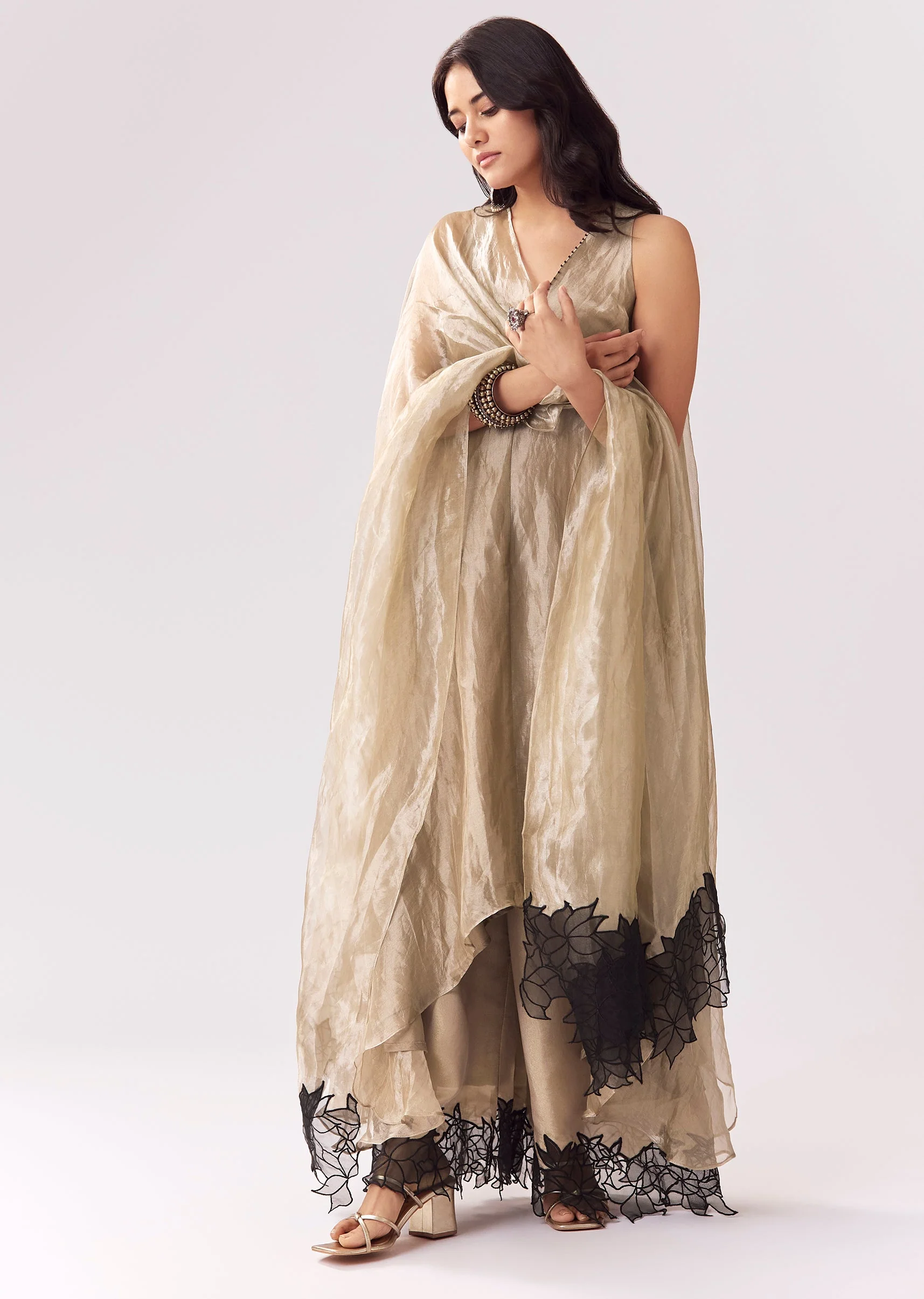 17210-beige-tissue-anarkali-with-patchwork-detailing-1.webp Beige Tissue Anarkali With Patchwork Detailing