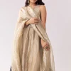 Beige Tissue Anarkali With Patchwork Detailing