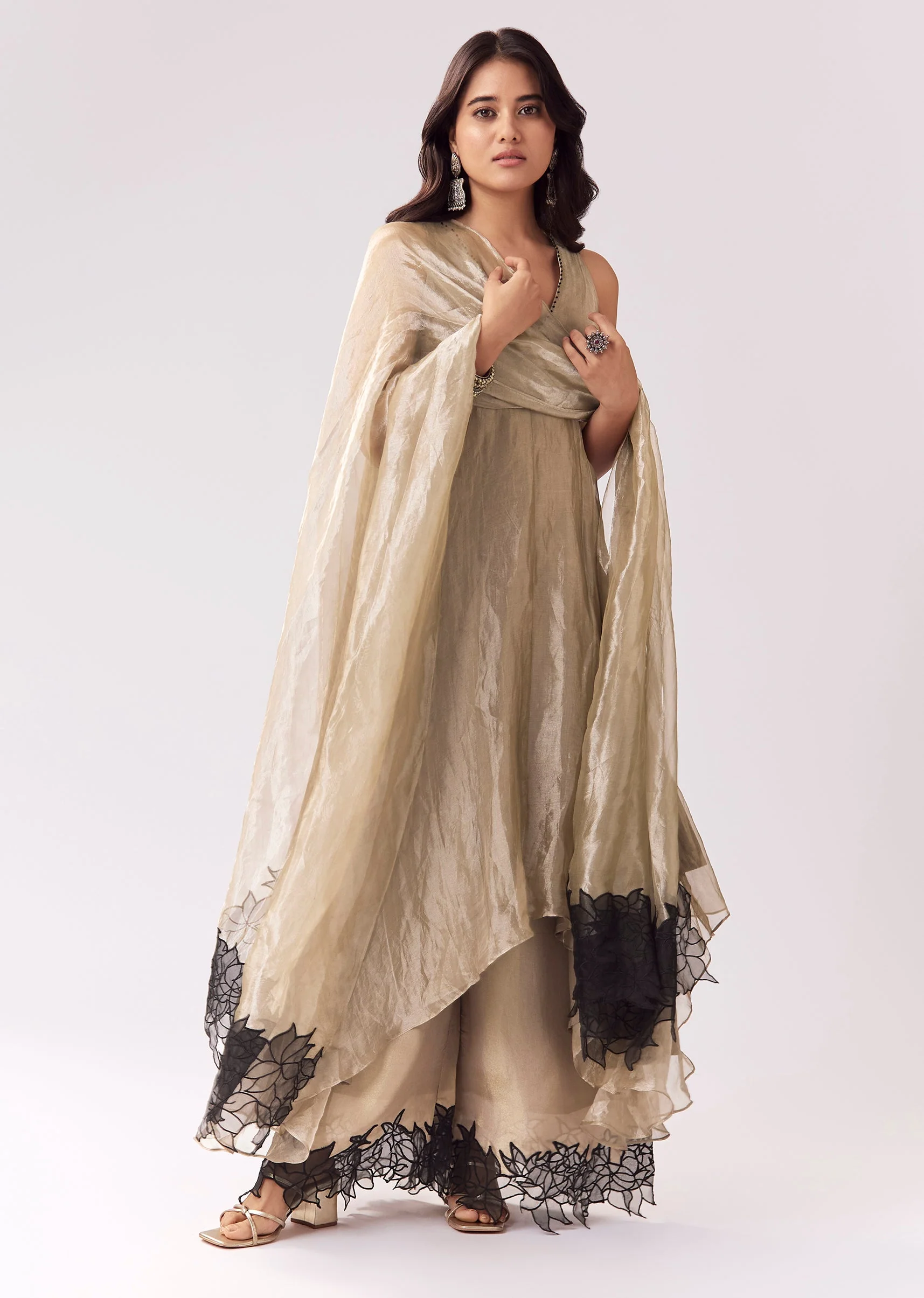 Beige Tissue Anarkali With Patchwork Detailing