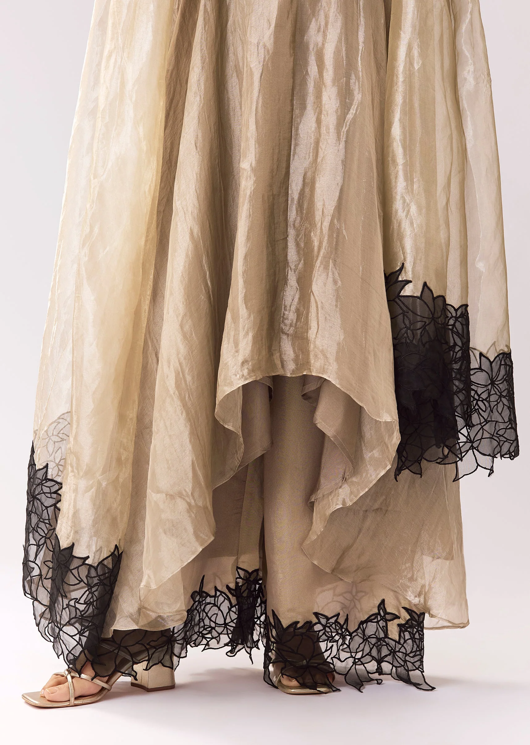 Beige Tissue Anarkali With Patchwork Detailing
