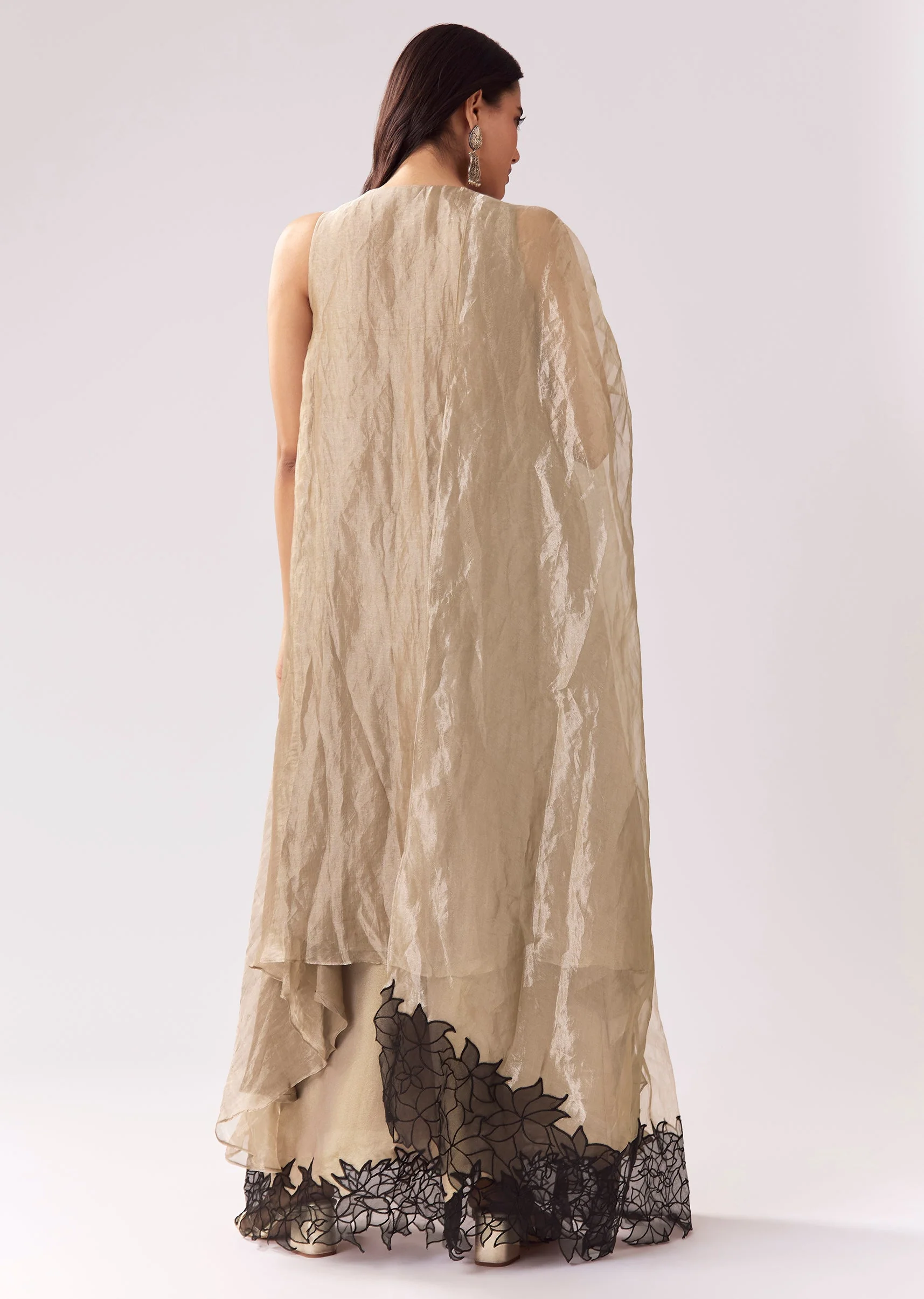 Beige Tissue Anarkali With Patchwork Detailing