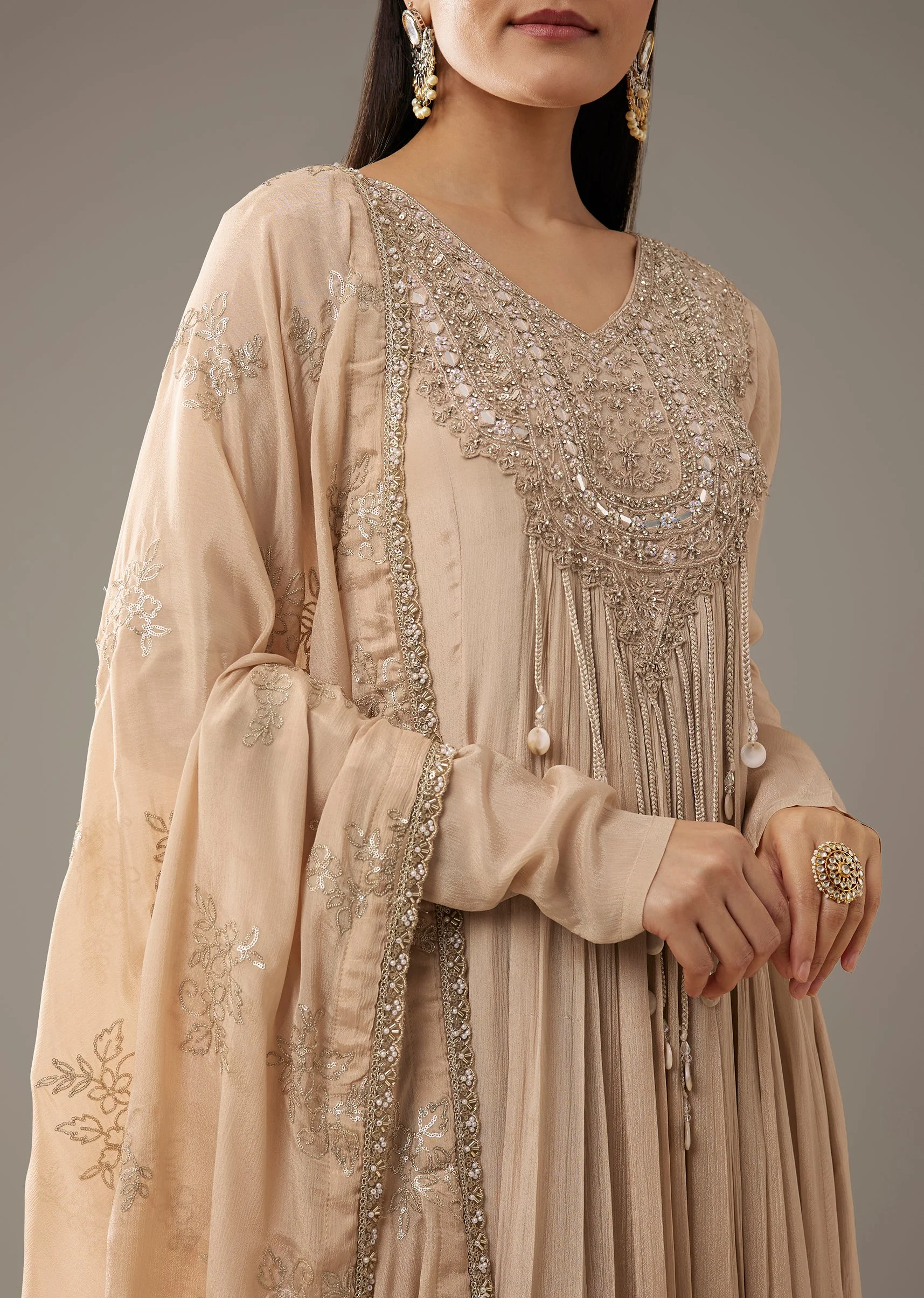 Beige Mirror Embellished Anarkali with Dupatta