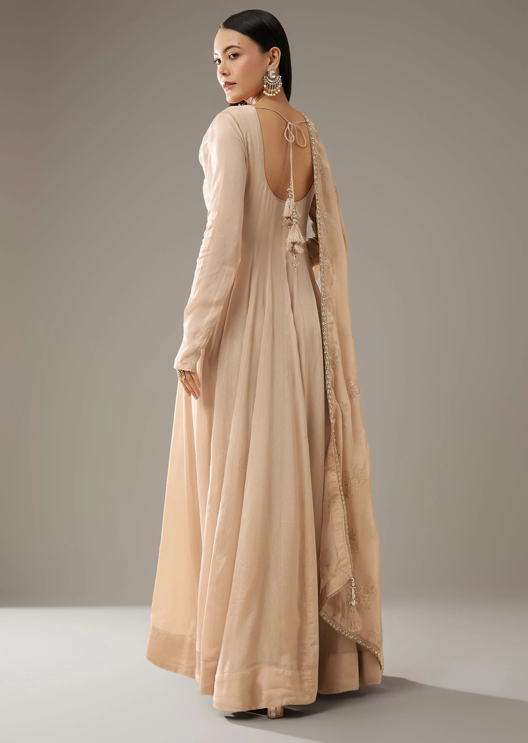 Beige Mirror Embellished Anarkali with Dupatta