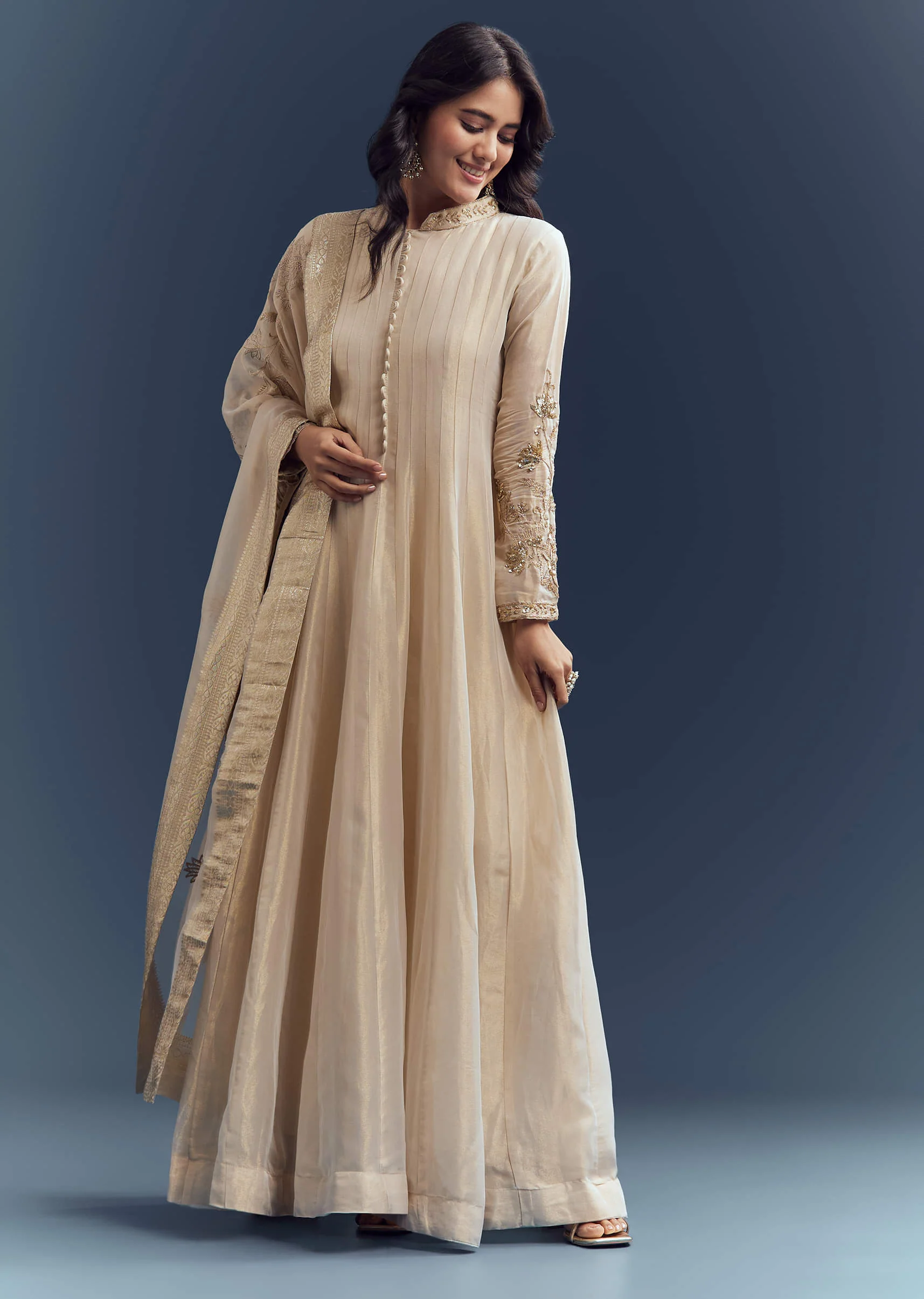 17225-beige-tissue-anarkali-suit-with-delicate-zari-embroidery-1.webp Beige Tissue Anarkali Suit With Delicate Zari Embroidery