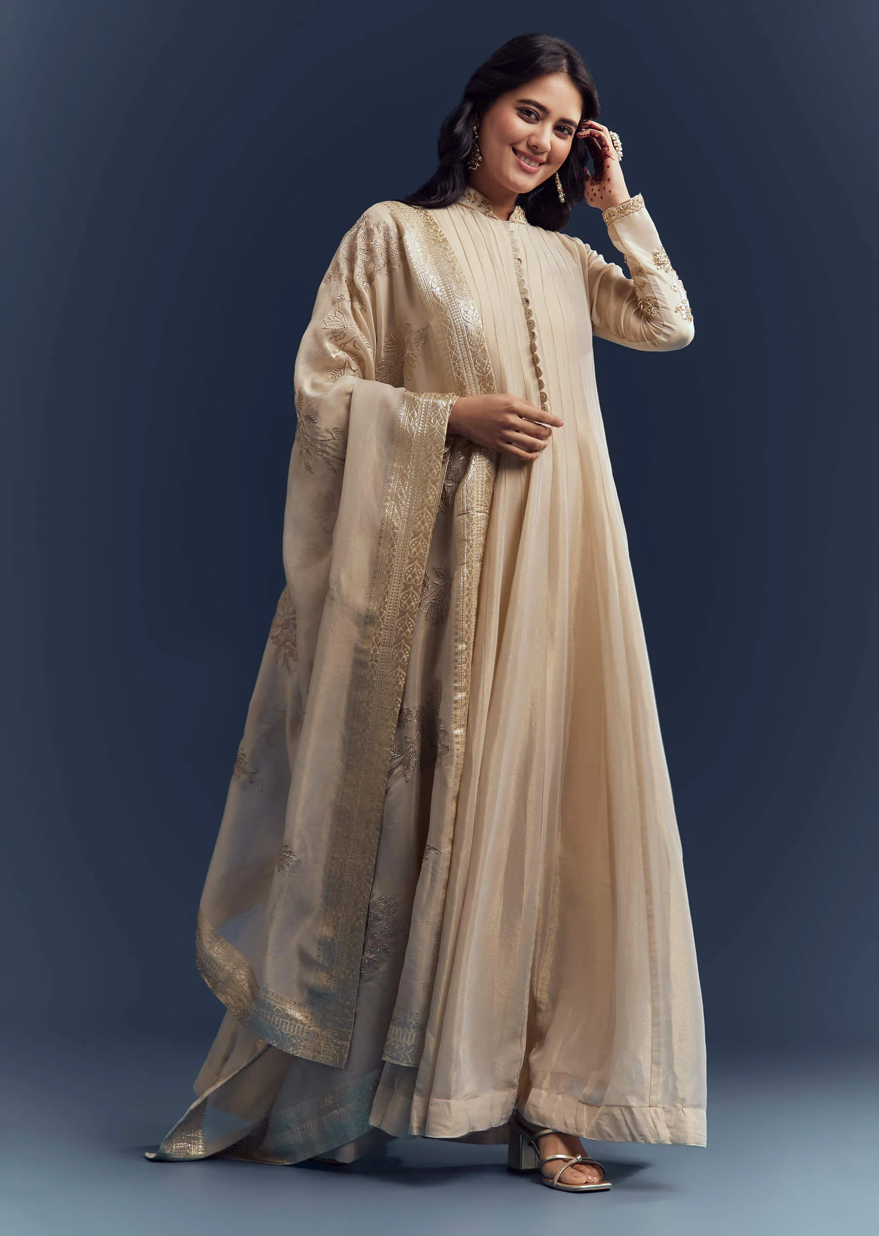 Beige Tissue Anarkali Suit With Delicate Zari Embroidery